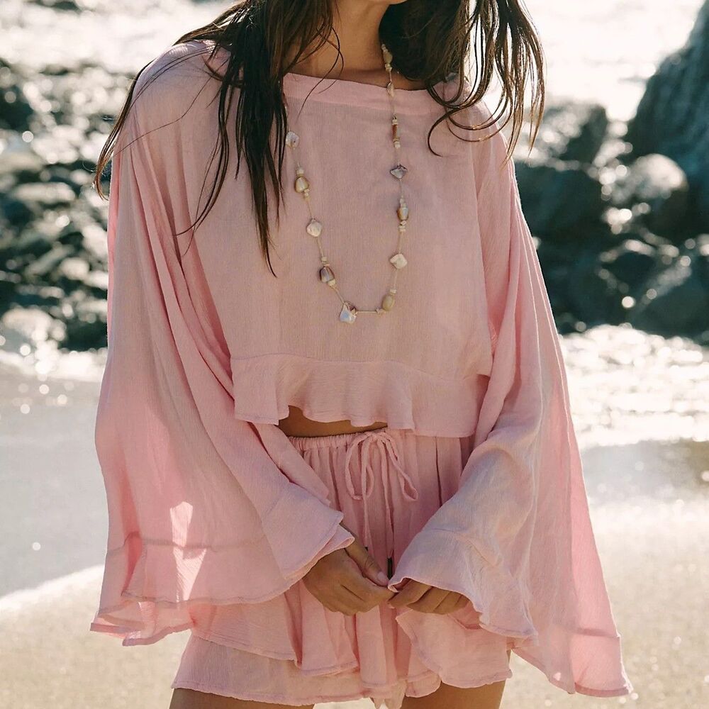 Free People Free Est Delilah Cropped Blouse Top Ruffle Boat Neck Solid L 291463